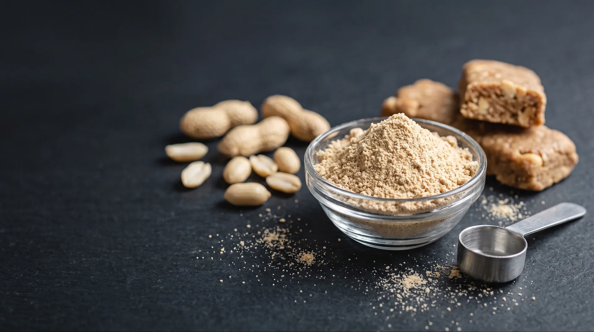 Peanut protein powder in a glass bowl with peanuts and protein bars on dark slate